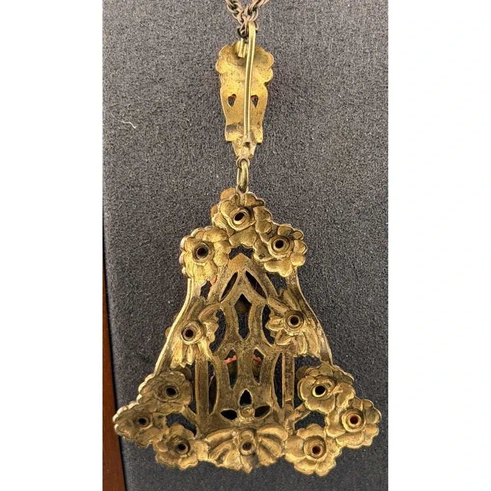 Vintage Czech Style Necklace Brass Filigree Pendant Orange Beads Carved Flowers